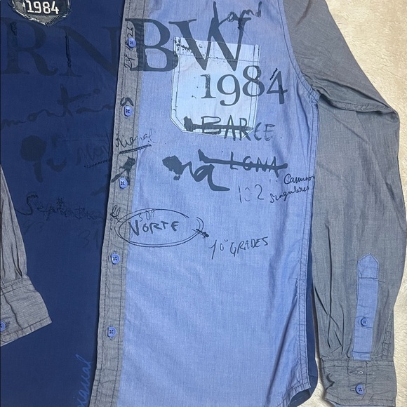 Desigual Graffiti Blue and Grey Men's Button Down Shirt sz S Embroidered Details - Picture 7 of 13